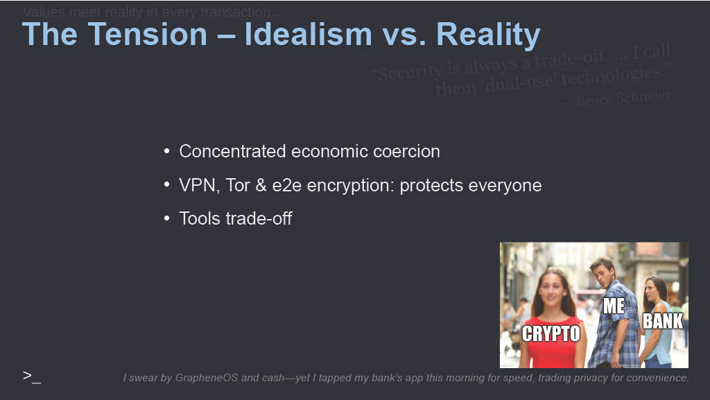 Slide: The Tension, Idealism vs. Reality. Concentrated economic coercion. VPN, Tor and end-to-end encryption protect everyone. Tools trade-off. A distracted-boyfriend meme: me, crypto, bank.