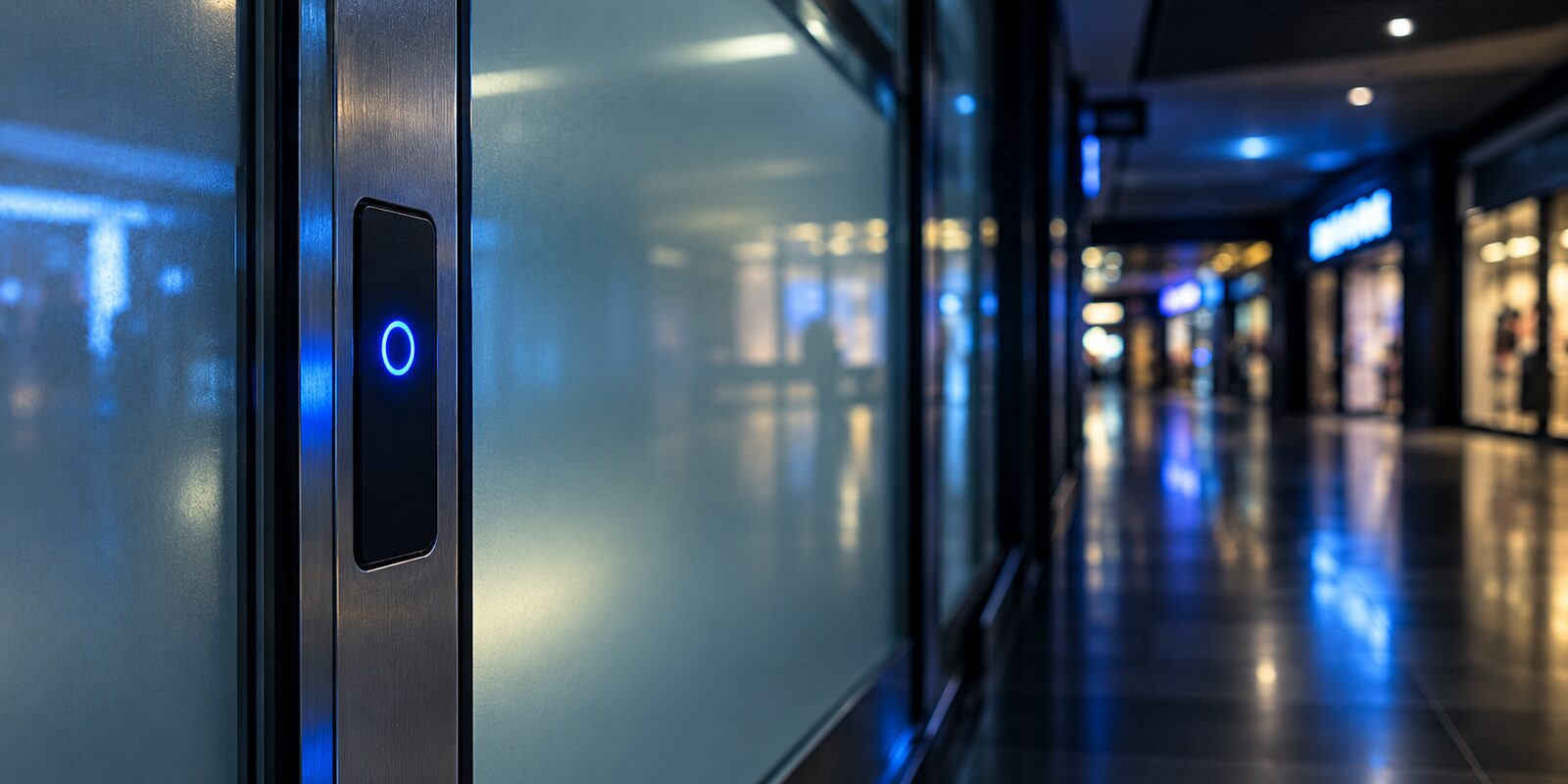 A keycard reader glowing blue on the frame of a frosted glass shop door, in an empty shopping mall corridor at night.